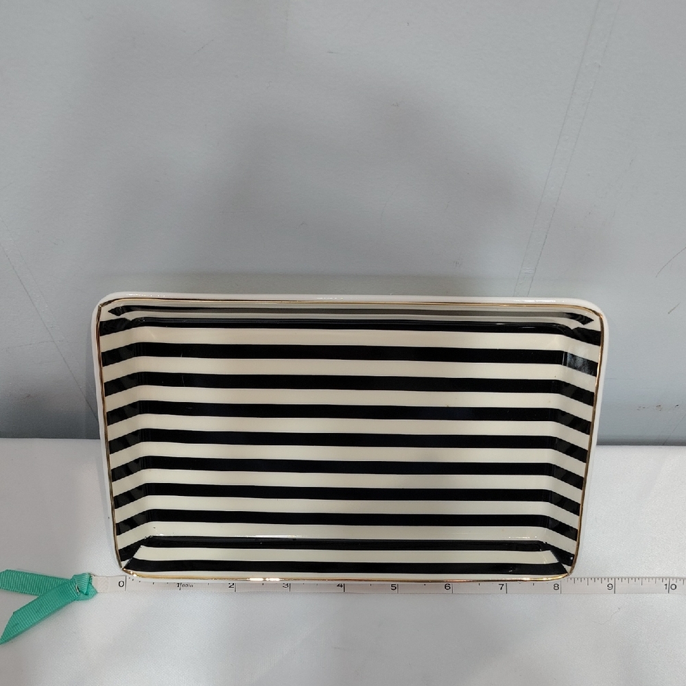 J.Crew Black White Striped Jewelry Dish Gold Rectangular Trinket Vanity Tray‎